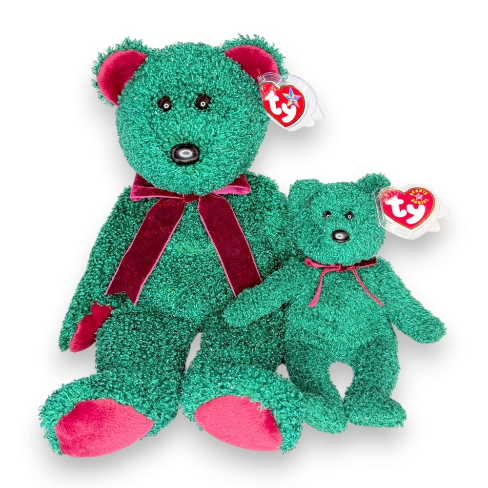 2001 Holiday Teddy Duo | Christmas Teddy Bears | Mint Heart Tags TY Baby & Buddy
